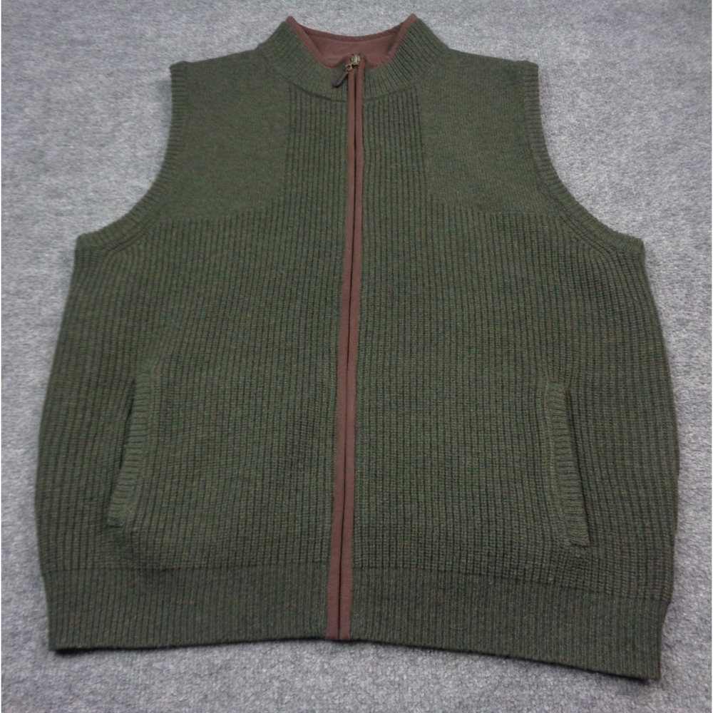 LL Bean Merino Lambs Wool Sweater Vest Men XL Green Waterfowl Full Zip